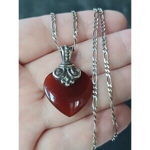925 Sterling Silver Red Glass Scrolls Heart Shaped Pendant Necklace Vintage,READ